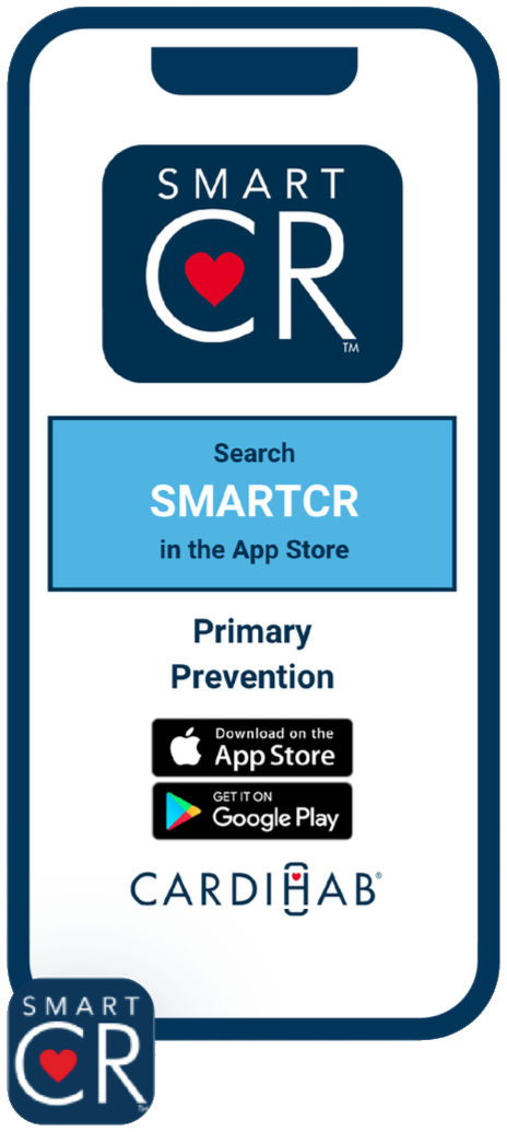 The Cardihab SmartCR app: search SmartCR in the App Store to start the Primary Prevention program.